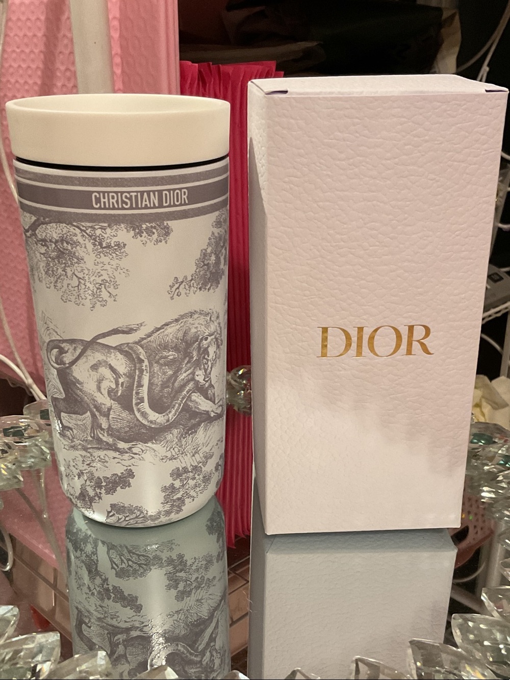 Dior White and Gray Toile Ceramic Candle Holder with Christian Dior Band
